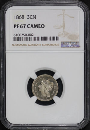 Obverse of this 1868 Three Cent Nickel NGC PF-67 CAM