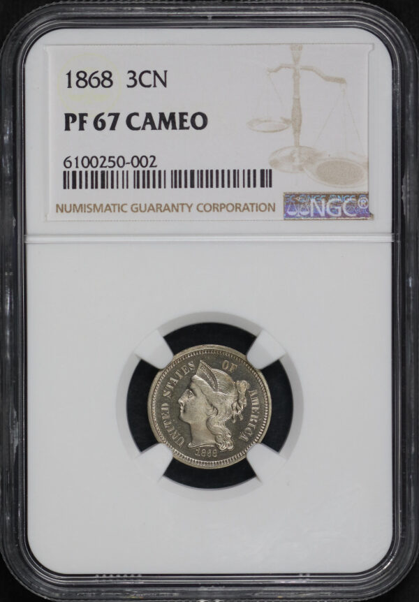 Obverse of this 1868 Three Cent Nickel NGC PF-67 CAM