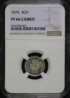 Obverse of this 1874 Three Cent Nickel NGC PF-66