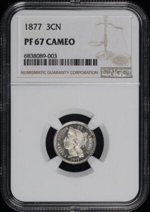 Obverse of this 1877 Three Cent Nickel NGC PF-67 Cameo