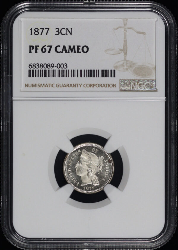 Obverse of this 1877 Three Cent Nickel NGC PF-67 Cameo