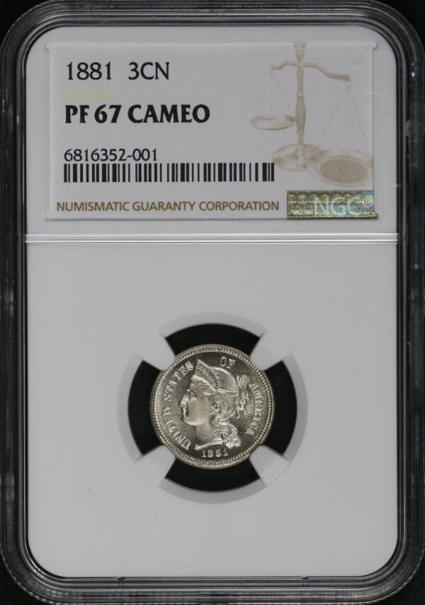 Obverse of this 1881 Three Cent Nickel NGC PF-67 CAM