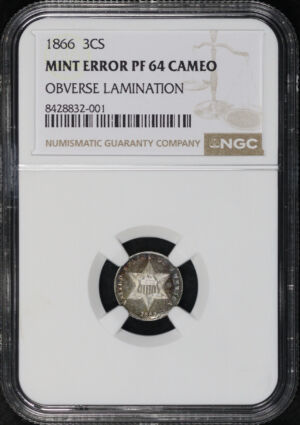 Obverse of this 1866 Three Cent Silver NGC PF-64 Cameo Mint Error Obverse Lamination