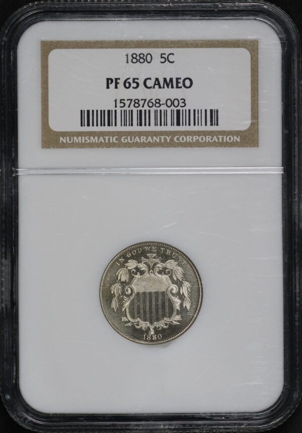 Obverse of this 1880 Shield Nickel NGC PF-65 CAM