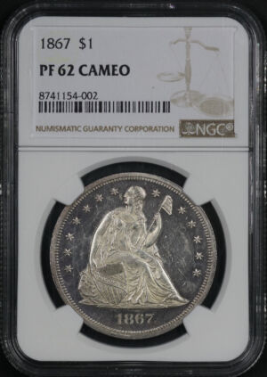Obverse of this 1867 Liberty Seated Dollar NGC PF-62 CAM