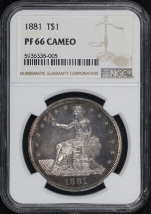 Obverse of this 1881 Trade Dollar NGC PF-66 Cameo Teal & Sunset Hue Toning