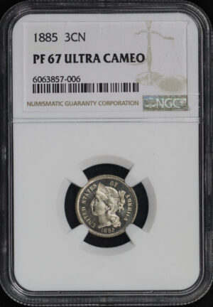 Obverse of this 1885 Three Cent Nickel NGC PF-67 UC