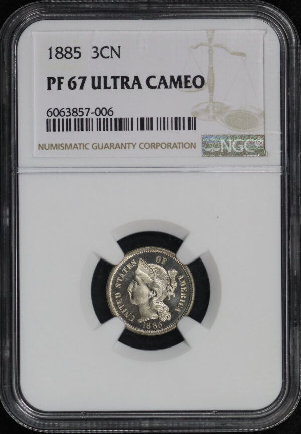 Obverse of this 1885 Three Cent Nickel NGC PF-67 UC