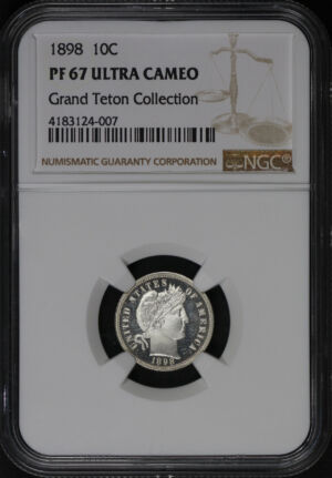 Obverse of this 1898 Barber Dime NGC PF-67 Ultra Cameo Grand Teton Collection