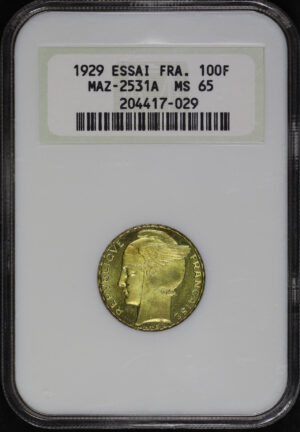 Obverse of this 1929 Essai France  100F MAZ-2531A NGC MS-65