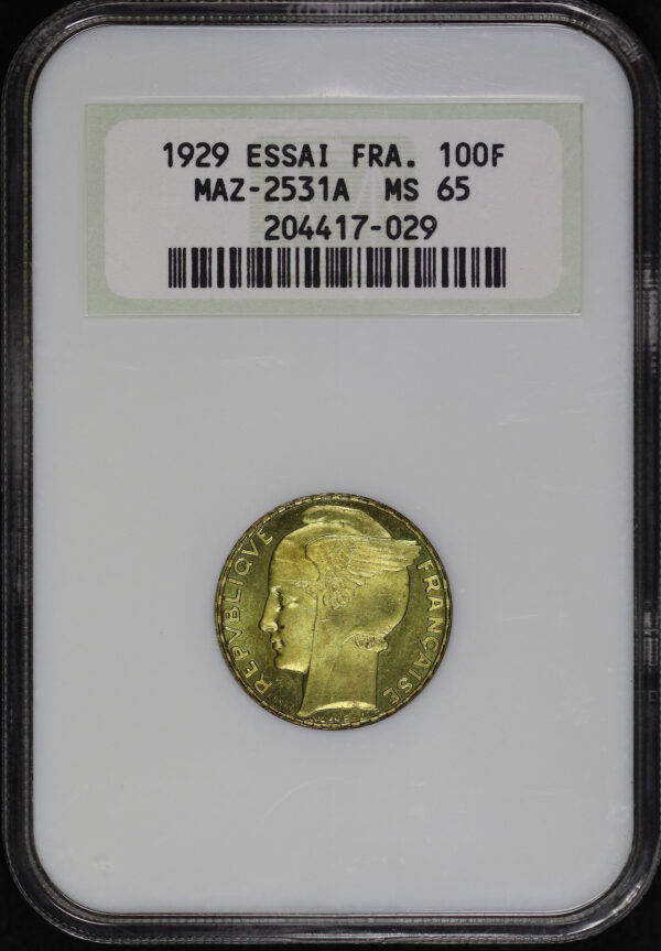 Obverse of this 1929 Essai France  100F MAZ-2531A NGC MS-65