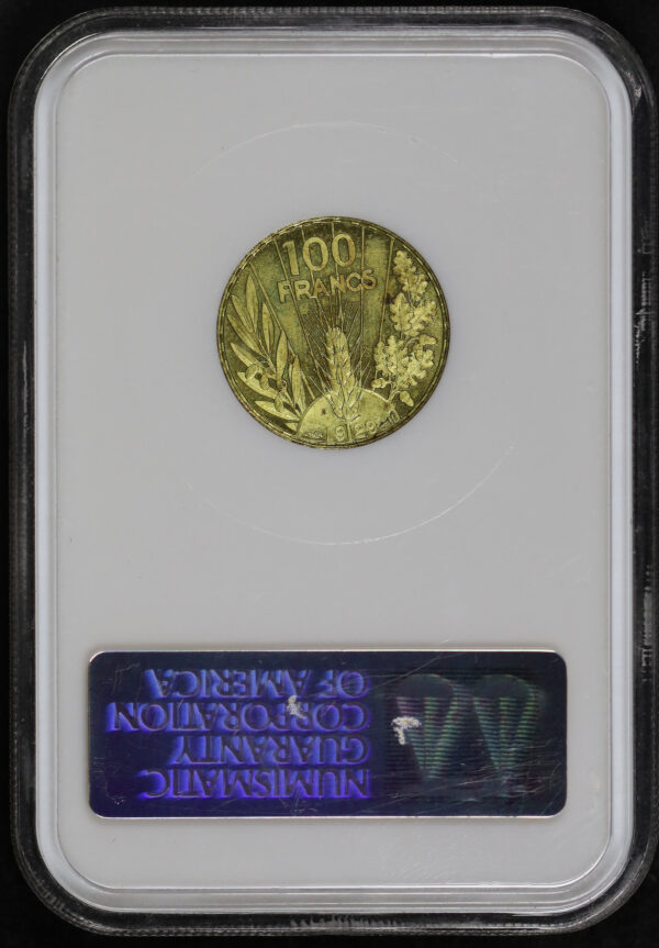 Reverse of this 1929 Essai France  100F MAZ-2531A NGC MS-65