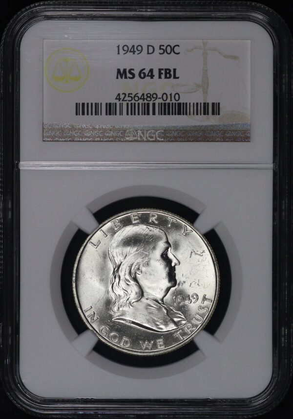 Obverse of this 1949-D Franklin Half Dollar NGC MS-64 FBL