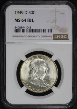 Obverse of this 1949-D Franklin Half Dollar NGC MS-64 FBL