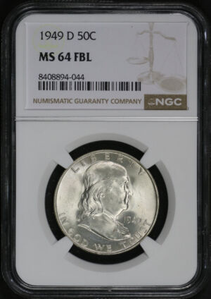 Obverse of this 1949-D Franklin Half Dollar NGC MS-64 FBL