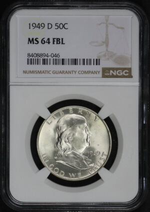 Obverse of this 1949-D Franklin Half Dollar NGC MS-64 FBL
