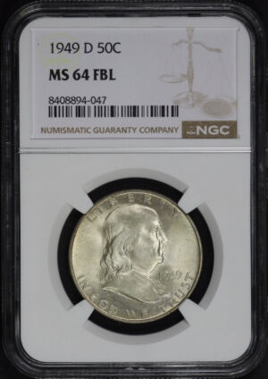 Obverse of this 1949-D Franklin Half Dollar NGC MS-64 FBL
