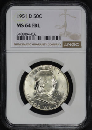 Obverse of this 1951-D Franklin Half Dollar NGC MS-64 FBL