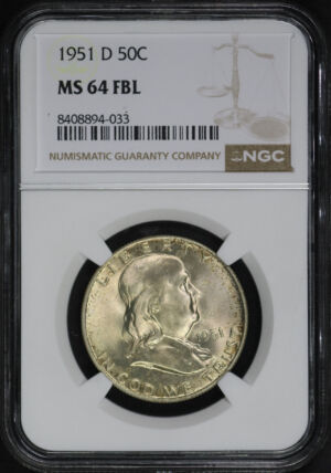 Obverse of this 1951-D Franklin Half Dollar NGC MS-64 FBL