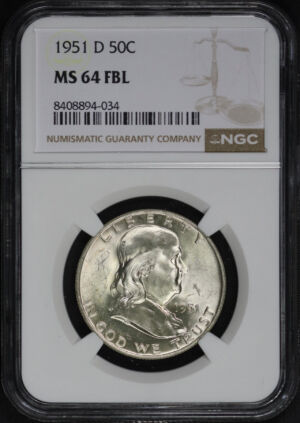 Obverse of this 1951-D Franklin Half Dollar NGC MS-64 FBL