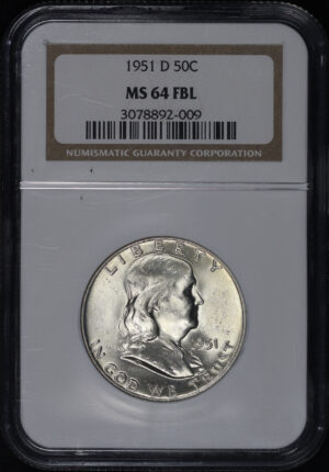 Obverse of this 1951-D Franklin Half Dollar NGC MS-64 FBL