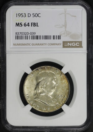 Obverse of this 1953-D Franklin Half Dollar NGC MS-64 FBL