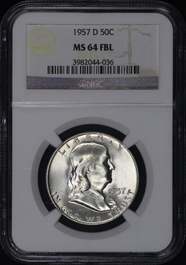 Obverse of this 1957-D Franklin Half Dollar NGC MS-64 FBL