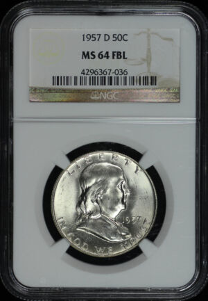 Obverse of this 1957-D Franklin Half Dollar NGC MS-64 FBL
