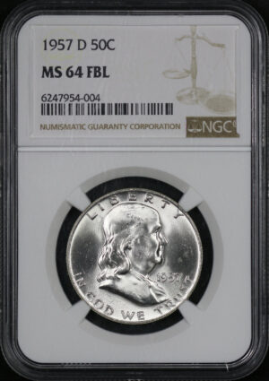 Obverse of this 1957-D Franklin Half Dollar NGC MS-64 FBL