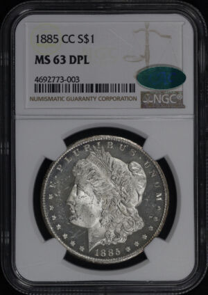 Obverse of this 1885-CC Morgan Dollar NGC MS-63 DMPL CAC