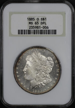 Obverse of this 1885-O Morgan Dollar NGC MS-65 DPL Old Fatty Holder