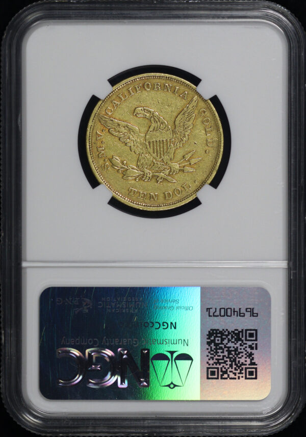 Reverse of this 1849 “TEN DOL.” $10 Moffat & Co. California Gold Liberty NGC XF-45