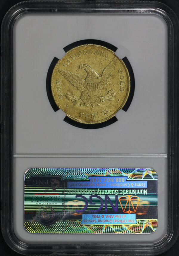Reverse of this 1852 $10 Small Head California Gold Wass, Molitor & Co NGC XF-45