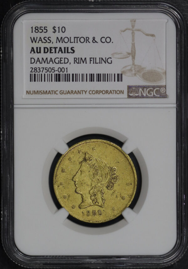 Obverse of this 1855 $10 California Gold Liberty Wass, Molitor NGC AU Detail