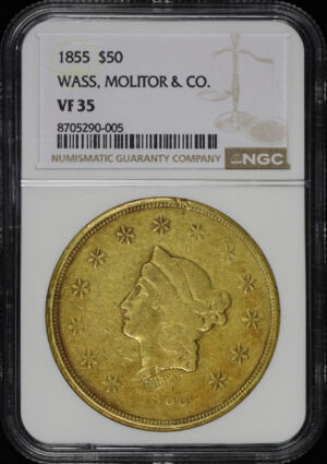 Obverse of this 1855 $50 California Gold Wass, Molitor & Co. NGC VF-35