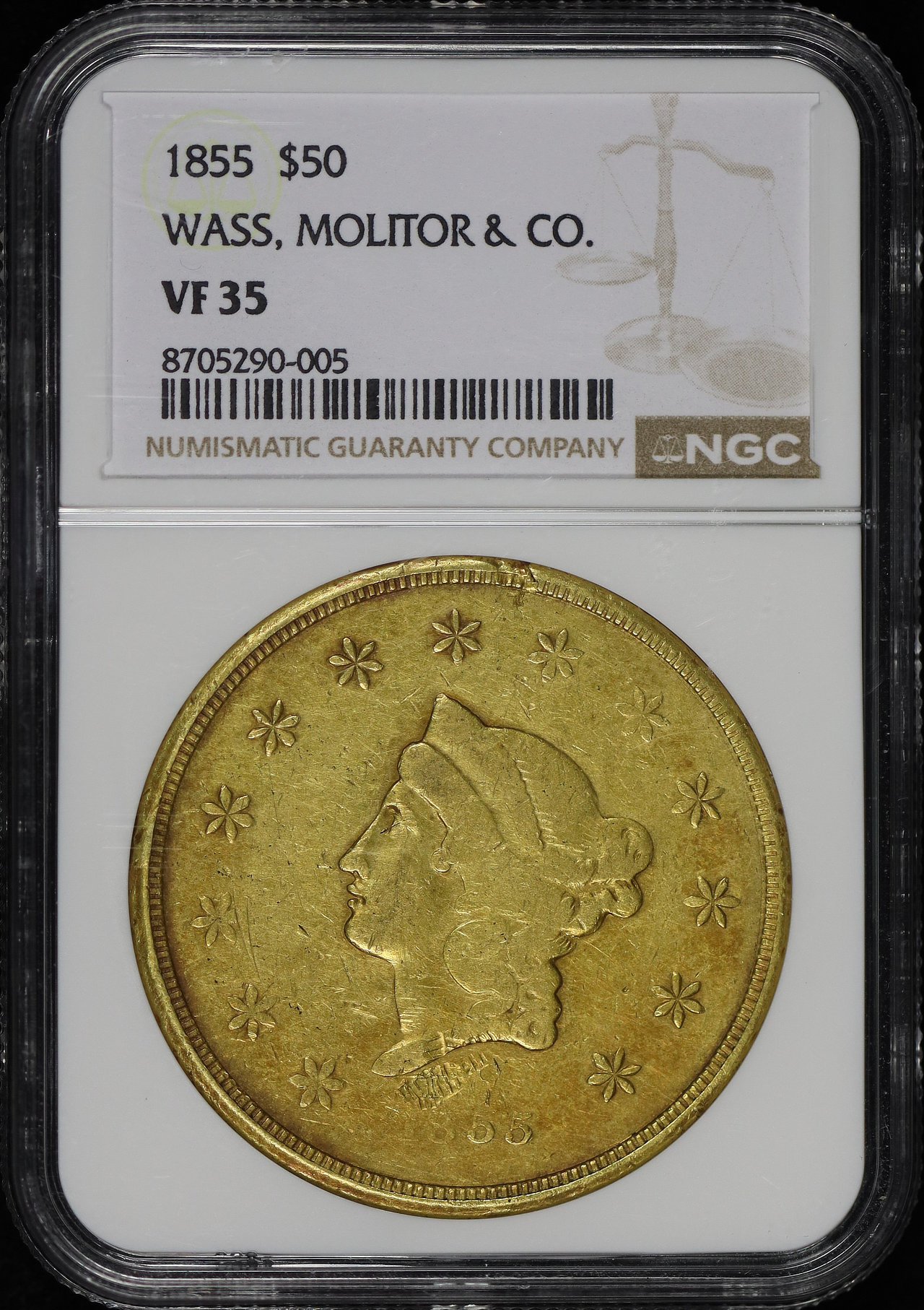 Obverse of this 1855 $50 California Gold Wass, Molitor & Co. NGC VF-35