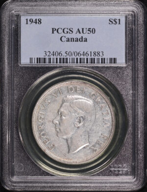 Obverse of this 1948 Canada Silver Dollar KM-46 PCGS AU-50
