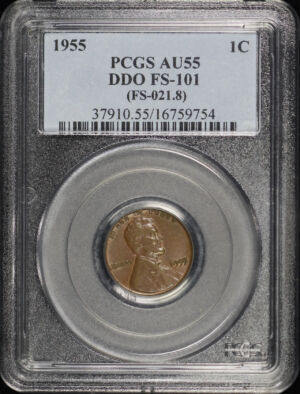 Obverse of this 1955 Lincoln Cent Wheat Reverse Doubled Die Obverse DDO FS-101 (FS-021.8) PCGS AU-55 BN