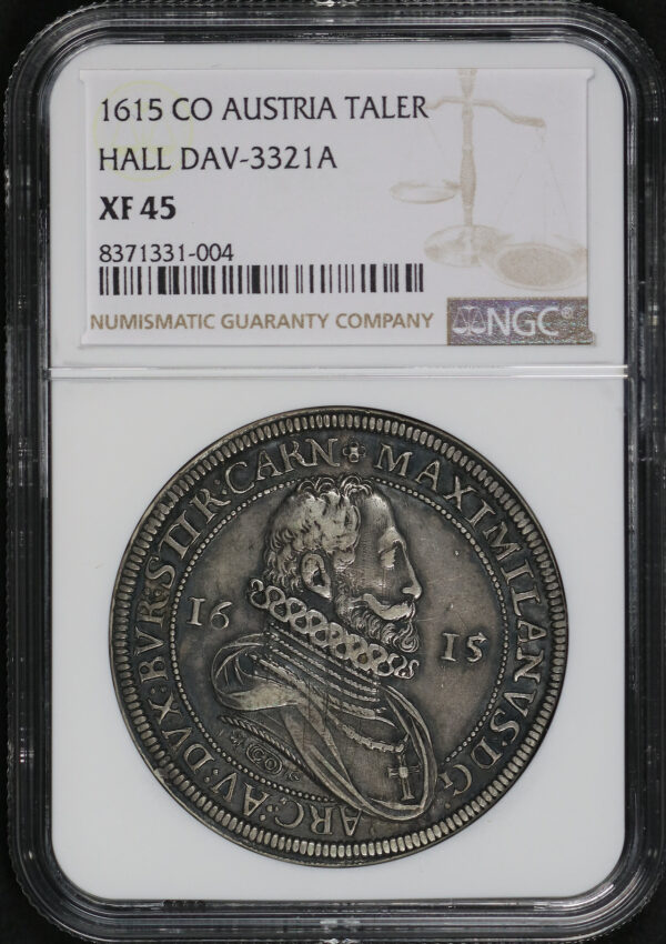 Obverse of this 1615 CO Austria  Taler Hall Dav-3321A NGC XF-45