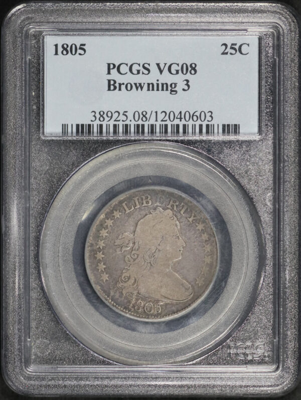 Obverse of this 1805 Draped Bust Quarter Browning 3 PCGS VG-08 