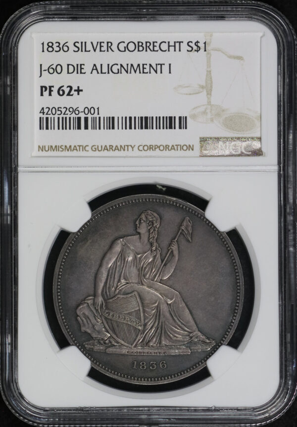 Obverse of this 1836 Silver Gobrecht Dollar Patterns J-60 Die Alignment I NGC PF-62+