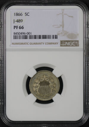 Obverse of this 1866 J-489 5C Shield NGC PF-66
