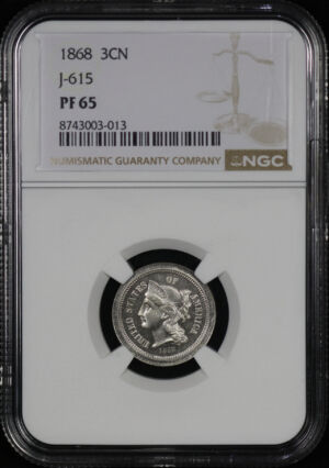 Obverse of this 1868 Three Cent Nickel Patterns J-615 NGC PF-65