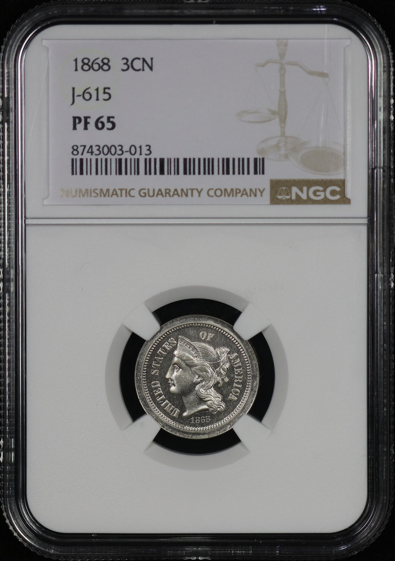 Obverse of this 1868 Three Cent Nickel Patterns J-615 NGC PF-65