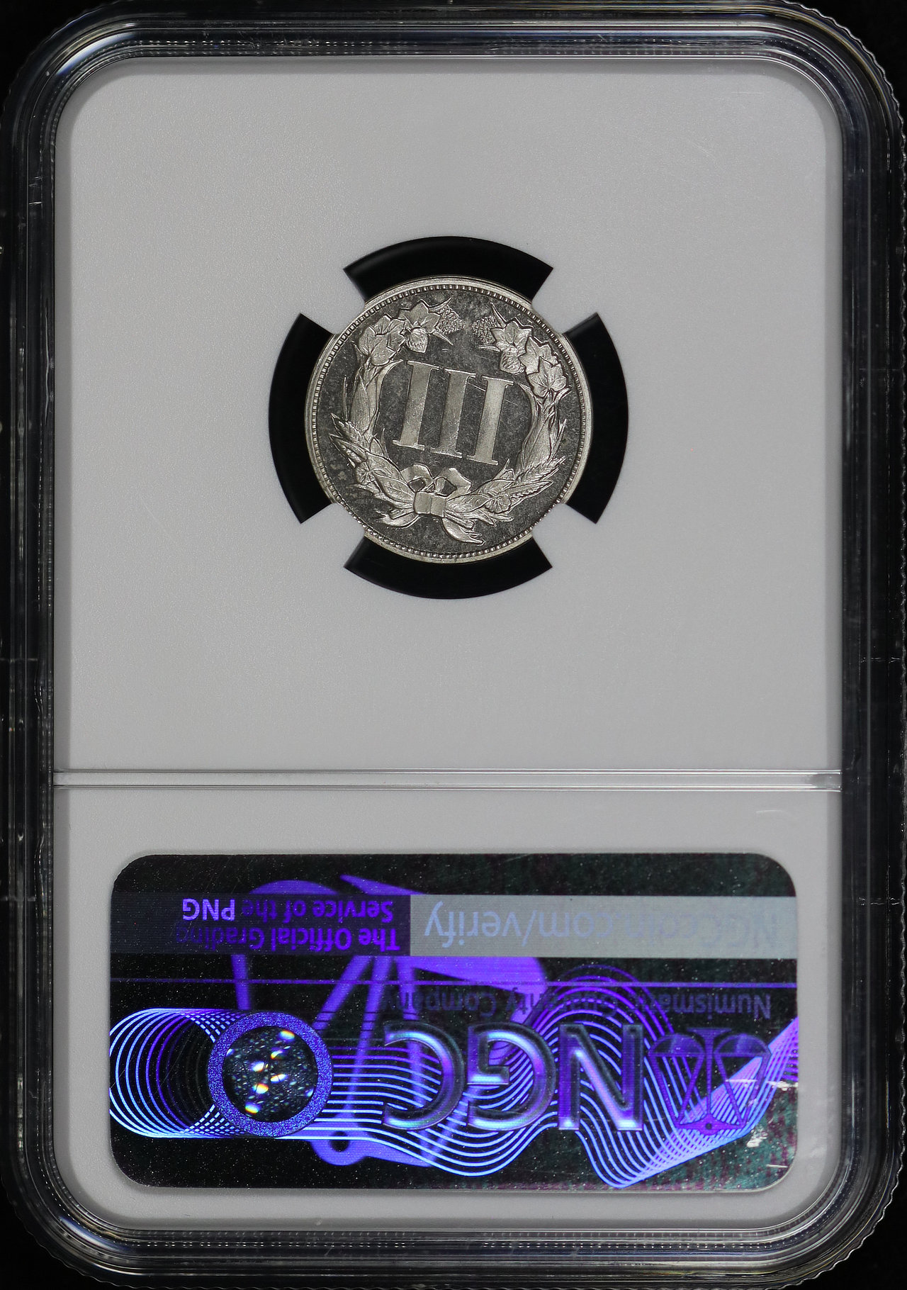Reverse of this 1868 Three Cent Nickel Patterns J-615 NGC PF-65