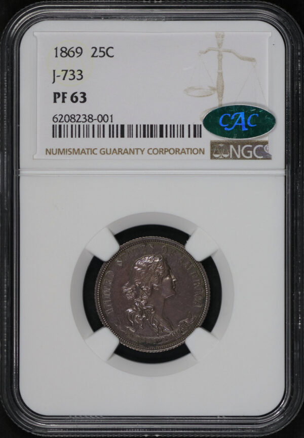 Obverse of this 1869 25C Pattern J-733 NGC PF-63 CAC