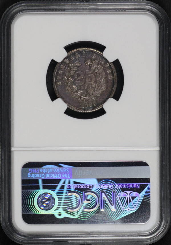 Reverse of this 1869 25C Pattern J-733 NGC PF-63 CAC