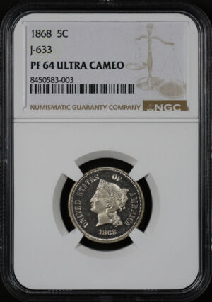 Obverse of this 1868 J-633 Pattern 5C NGC PF-64 Ultra Cameo