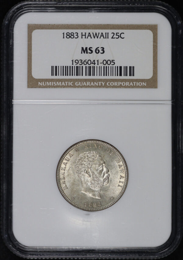 Obverse of this 1883  Kingdom of Hawaii Silver Quarter NGC MS-63