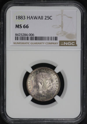 Obverse of this 1883 Kingdom of Hawaii Silver Quarter NGC MS-66